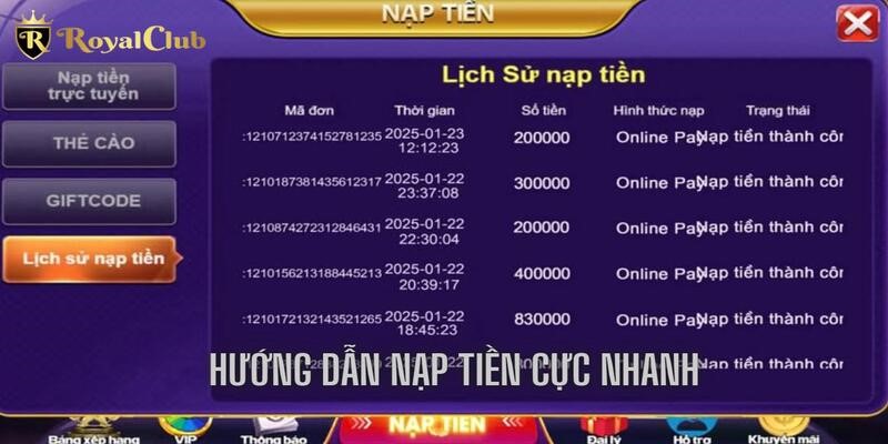 Hướng dẫn nạp tiền với hình thức cơ bản tại RoyalClub